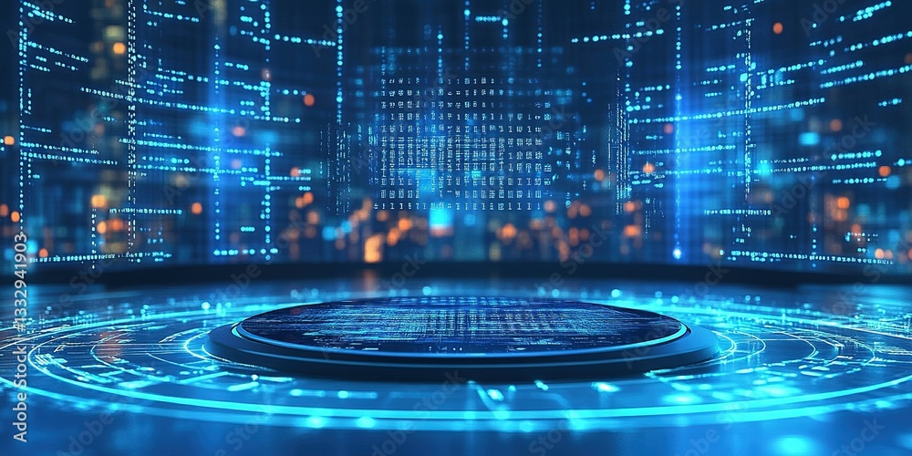 Poster high-tech digital landscape showcasing illuminated data streams and circular display in a futuristic