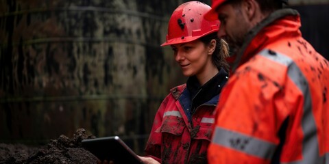 A female engineer uses a tablet to analyze data on a construction site, showcasing modern technology's integration in environmental assessment processes.