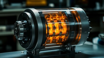 Fototapeta premium A contemporary, illuminated, cylindrical device with detailed internals is exhibited against a dark setting