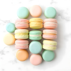 Fototapeta premium Pastel macarons on marble background, sharp focus, soft background blur, commercial quality.