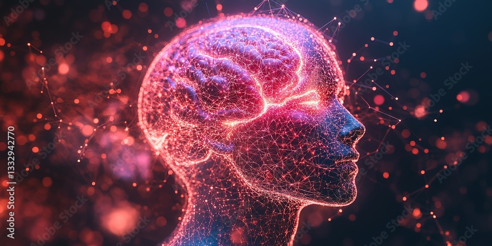 Poster representation of a human brain within a digital network displaying neural connections in a colorful