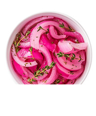 Obraz premium Pickled Red Onions with Thyme in a White Bowl on Transparent Background, PNG
