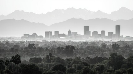 Obraz premium Distant city skyline over a wooded area with mountains in the background