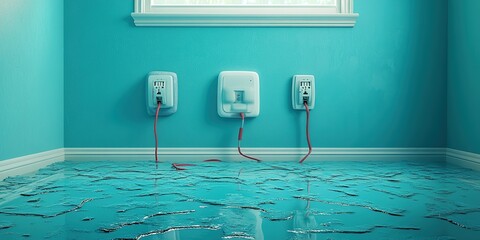 Water damage in a brightly colored room with electrical outlets submerged in water and visible red cords