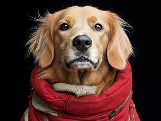 A handsome golden retriever dog wears a red winter coat