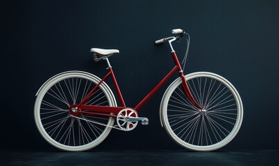 Fototapeta premium Stylish red bicycle with white wheels against dark background for modern design