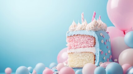 Close-up of a cake with a hidden pink or blue filling, being bitten into to reveal the baby’s gender, with soft, warm lighting and copy space in the background