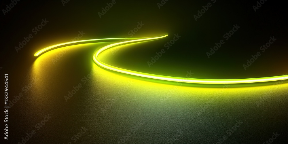Wall mural bright neon lights create curved patterns on a dark surface in a modern artistic display