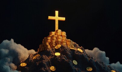Golden cross atop mountain of coins symbolizing faith and wealth in spiritual context