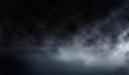 White fog or smoke reflects on the background of an ancient brick wall. The concrete texture in the dark gives a spooky feeling.