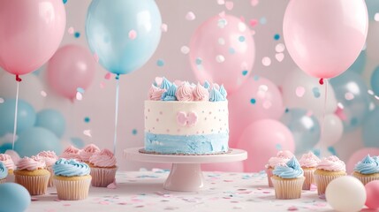 A festive table decorated with pink and blue balloons, cupcakes, and confetti, with a large cake in the center ready to reveal the baby’s gender, featuring soft pastel colors and a joyful atmosphere