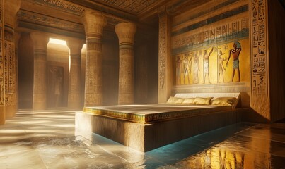 Naklejka premium Ancient Egyptian temple interior with hieroglyphs and ornate bed