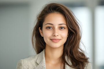 Fototapeta premium smiling young woman with long hair, wearing blazer, exudes confidence and warmth in bright, modern setting