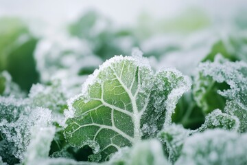 Frost Covered Green Cabbage Leaves with Detailed Veins in Winter Close-Up