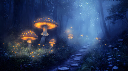 Misty forest path with glowing mushrooms under starry sky creates magical atmosphere. enchanting scene invites exploration and wonder in natures beauty. Enchanted Mushrooms. Illustration
