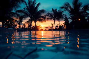 Tranquil Sunset Reflection in Tropical Swimming Pool with Palm Tree Silhouettes