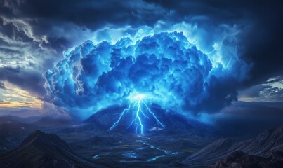 Dramatic lightning storm over volcanic landscape with vibrant blue clouds
