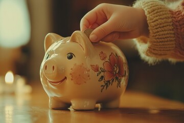 Child's hand inserting coin into a decorative piggy bank.
