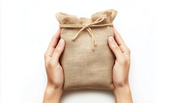 hands holding burlap sack tied with string on white background