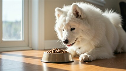 Happy white dog enjoying meal