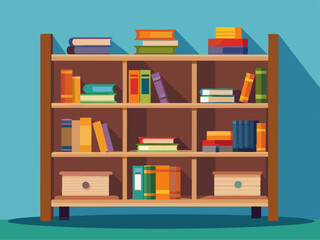 vector of basic wooden bookshelf with three spacious shelves. The design is minimalistic, perfect for storing books and small decorations. © koushkij