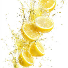 Fresh Lemons and Juice Splashes on White Background