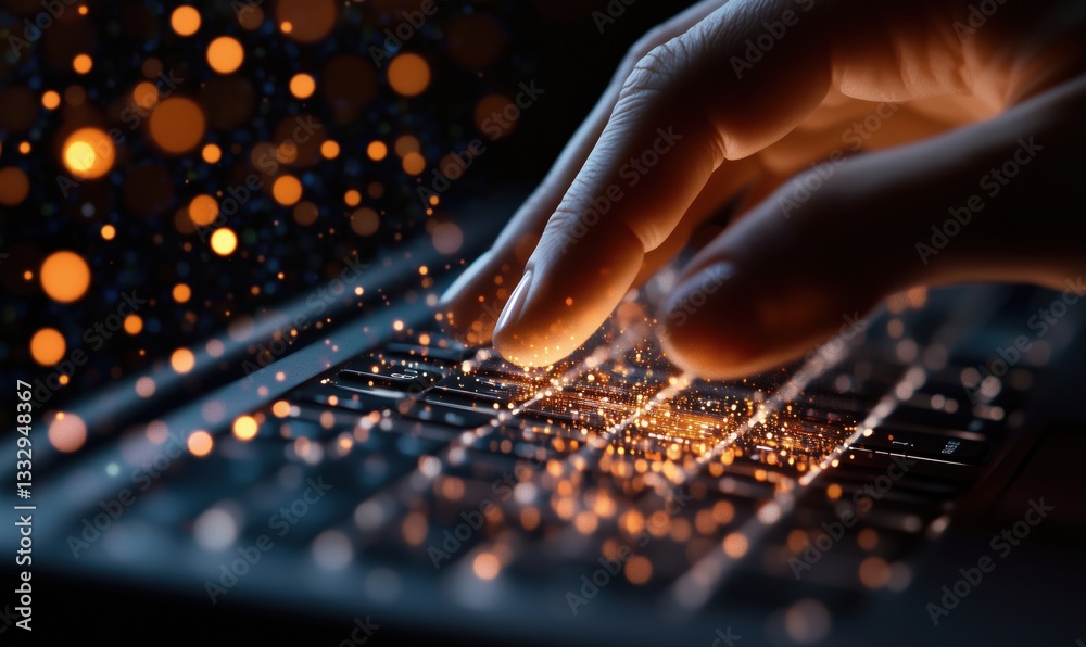 Poster fingers typing on keyboard with sparkling particles creating a magical effect