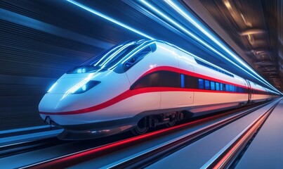 Fototapeta premium High-speed train in motion through illuminated tunnel showcasing modern transportation technology