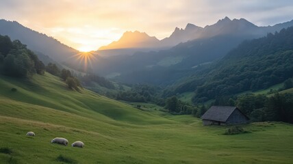 Sunrise Over Mountain Valley with Grazing Sheep and Stone Hut