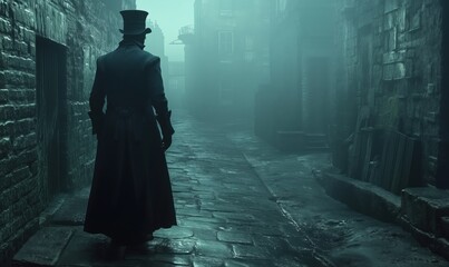 Naklejka premium Mysterious figure in Victorian attire walking through foggy cobblestone alleyway