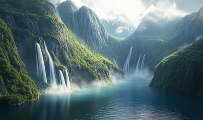 Majestic waterfalls cascading into serene lake surrounded by lush mountains