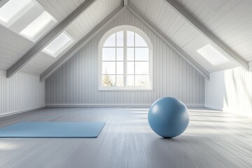 Empty attic yoga studio with large window
