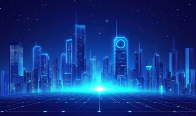 Futuristic city skyline with glowing skyscrapers and starry night sky