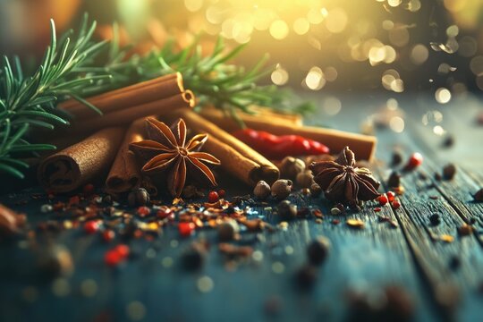 Aromatic spices, cinnamon sticks, star anise, and rosemary sprigs on rustic wooden surface. - Powered by Adobe