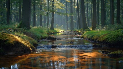 Obraz premium Sunlit Forest Creek Pathway; Tranquil woodland stream. Possible Use Nature wallpaper, stock photo
