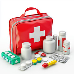 Concept of first aid kit, first aid kit supplies on a white background