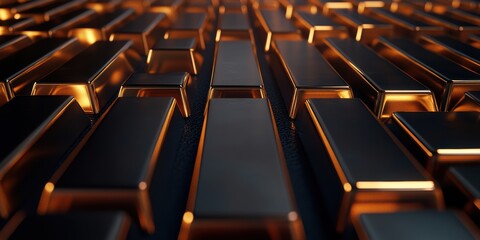 Obraz premium Rows of Sparkling Gold Bars Glimmering Under Soft Light Create a Mesmerizing Visual Display of Luxury and Wealth Generative AI