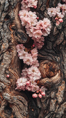 Pink cherry blossoms bloom against a textured brown tree trunk, showcasing nature's delicate contrast and resilience, symbolizing spring's arrival and the beauty of impermanence