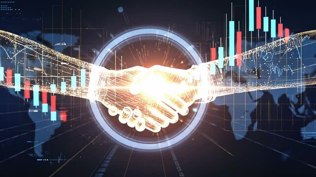 Futuristic animation of two digital hands shaking, glowing with neon lines. As they connect, stock market candlestick charts appear, symbolizing finance, trading, and global business