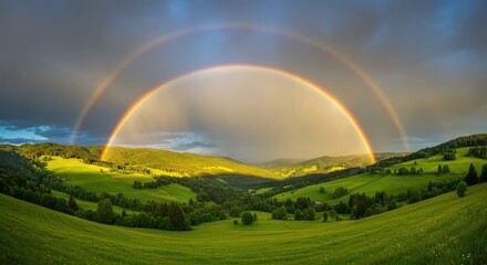 Fototapeta premium Double Rainbow Over Lush Green Hills After Rainfall Creates Serene Scene