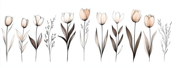 A collection of precise black and white drawings of various flowers and leaves. Excellent for a sophisticated floral theme on wedding invitations, wallpaper art, or save the date cards