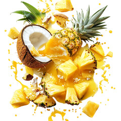 A Burst of Pineapple Coconut and Papaya Scattering with Pile of Pineapples Isolated on Transparent Background