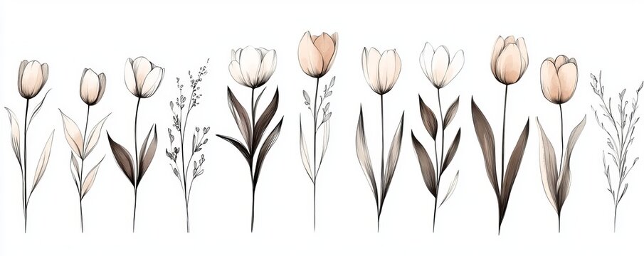 A collection of precise black and white drawings of various flowers and leaves. Excellent for a sophisticated floral theme on wedding invitations, wallpaper art, or save the date cards