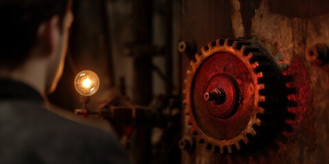 An engaging close-up of a rusted gear mechanism with a warm light bulb, showcasing the harmony of mechanical components and their intriguing, industrial beauty.