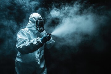 A man in a protective hazmat suit sprays chemicals using a spray gun, useful for science and laboratory backgrounds