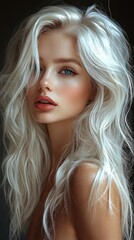 Naklejka premium Woman with wavy, platinum blonde hair, blue eyes, & soft makeup looks at camera