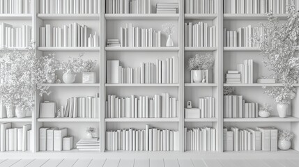 Against a spotless white wall, a minimalist white bookshelf showcases an assortment of books, decorative vases, and plants, creating an atmosphere of tranquil organization and modern simplicity