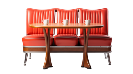 Retro Diner Booth Red Leather Seating, Vintage Restaurant Interior with Wooden Table.