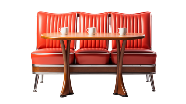 Retro Diner Booth Red Leather Seating, Vintage Restaurant Interior with Wooden Table.