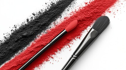 Against a subtle, off-white background, two bold brush strokes, one red and one black, are set in contrast, creating a strong visual impact